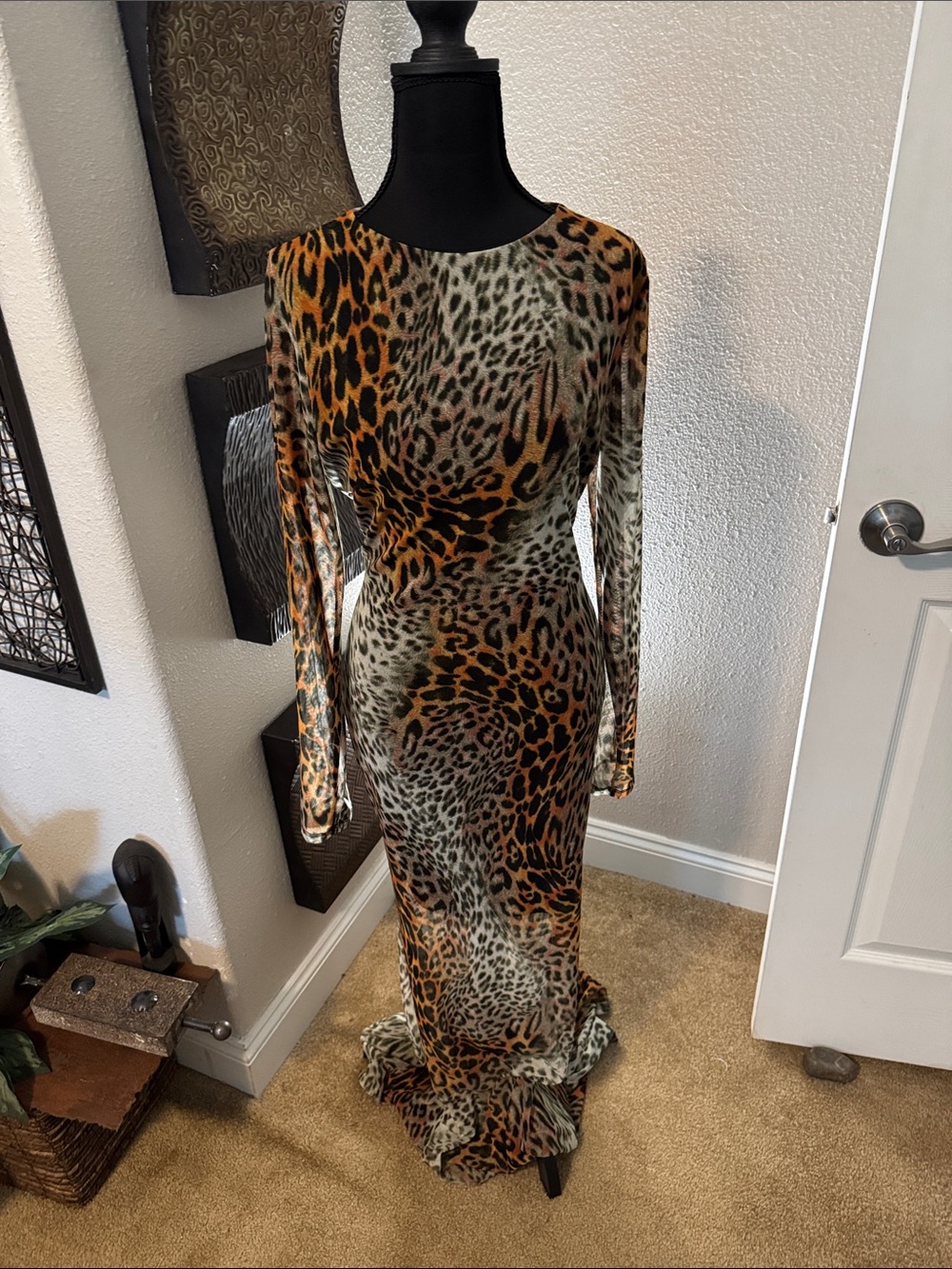 Fashion Nova Animal Print Long Sleeve Maxi Dress - Brown/Black/Beige